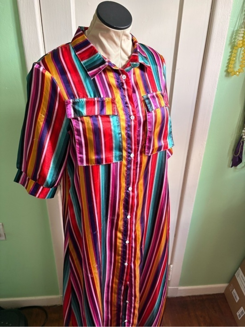 Rainbow Satin Striped Button-Down Dress/Jacket